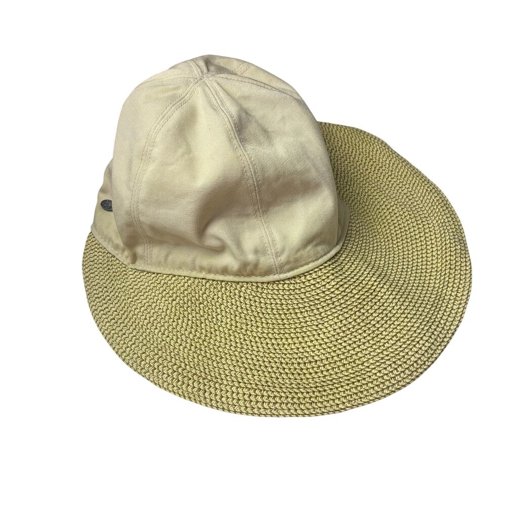 Vintage Mixed Media Sunhat Metal Logo Womens Gardening Wide Brim Safari Canvas
